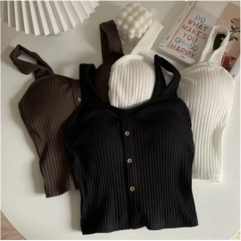 Women Summer Elastic Tank Top Crop Camisole Sleeveless T Shirt Spaghetti Vest Knitted Female Vest Tops White Black