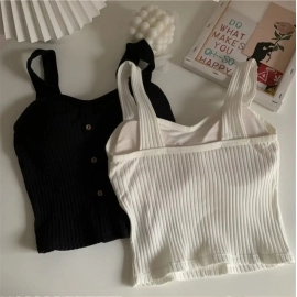 Women Summer Elastic Tank Top Crop Camisole Sleeveless T Shirt Spaghetti Vest Knitted Female Vest Tops White Black