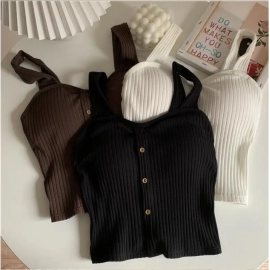 Women Summer Elastic Tank Top Crop Camisole Sleeveless T Shirt Spaghetti Vest Knitted Female Vest Tops White Black