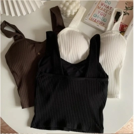 Women Summer Elastic Tank Top Crop Camisole Sleeveless T Shirt Spaghetti Vest Knitted Female Vest Tops White Black