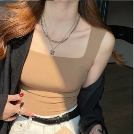 New Wide Shoulder  Square Neck Beautiful Back Threaded Vest Women's Seamless One-piece Fixed Cup Casual Solid Tops