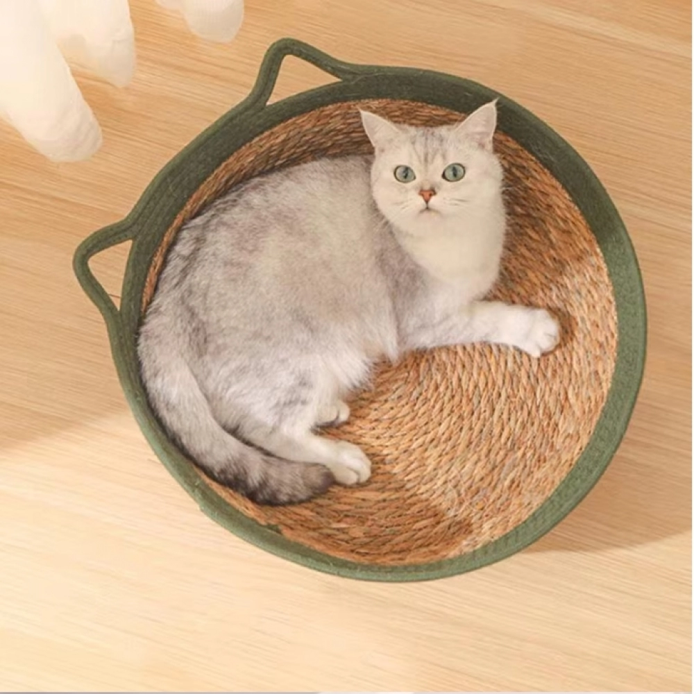 Cool Dog Cat Bed Natural Plant Cushion Rattan Cat Nest House Sleeping Basket Hand Woven Small Dog Breathable Bed Storage Basket