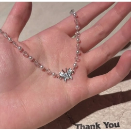 Exquisite Crystal Pearl String Butterfly Necklace For Women Fashionable Personalized Daily Accessory Party Jewelry Birthday Gift