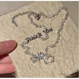 Exquisite Crystal Pearl String Butterfly Necklace For Women Fashionable Personalized Daily Accessory Party Jewelry Birthday Gift